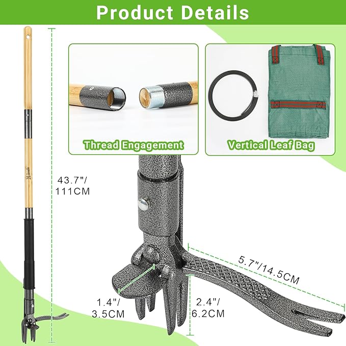 Weed Puller Tool, Heavy Duty Gardening Hand Tools with 4-Claw Steel Head & Dual-Eject Mechanism, 43.5" Bamboo Long Handle Stand Up Weeding Tool for Lawn Yard, Includes 16 Gallon Leaf Bag