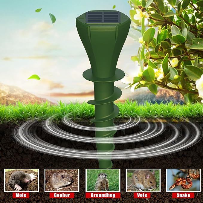 4 Packs Solar Mole Repellers, Gopher Deterrent Device with Vibrating Motor & Spiral Drill Ground Stake, IP65 Waterproof Lawn Garden Yard Pest Repellents Driving Away Vole Groundhog Snakes