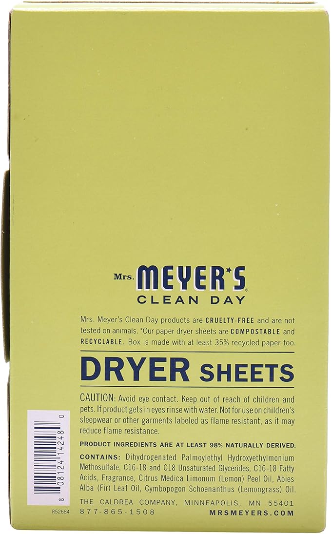Mrs. Meyer's Dryer Sheets, Fabric Softener, Reduces Static, Infused with Essential Oils, Lemon Verbena, 80 Count