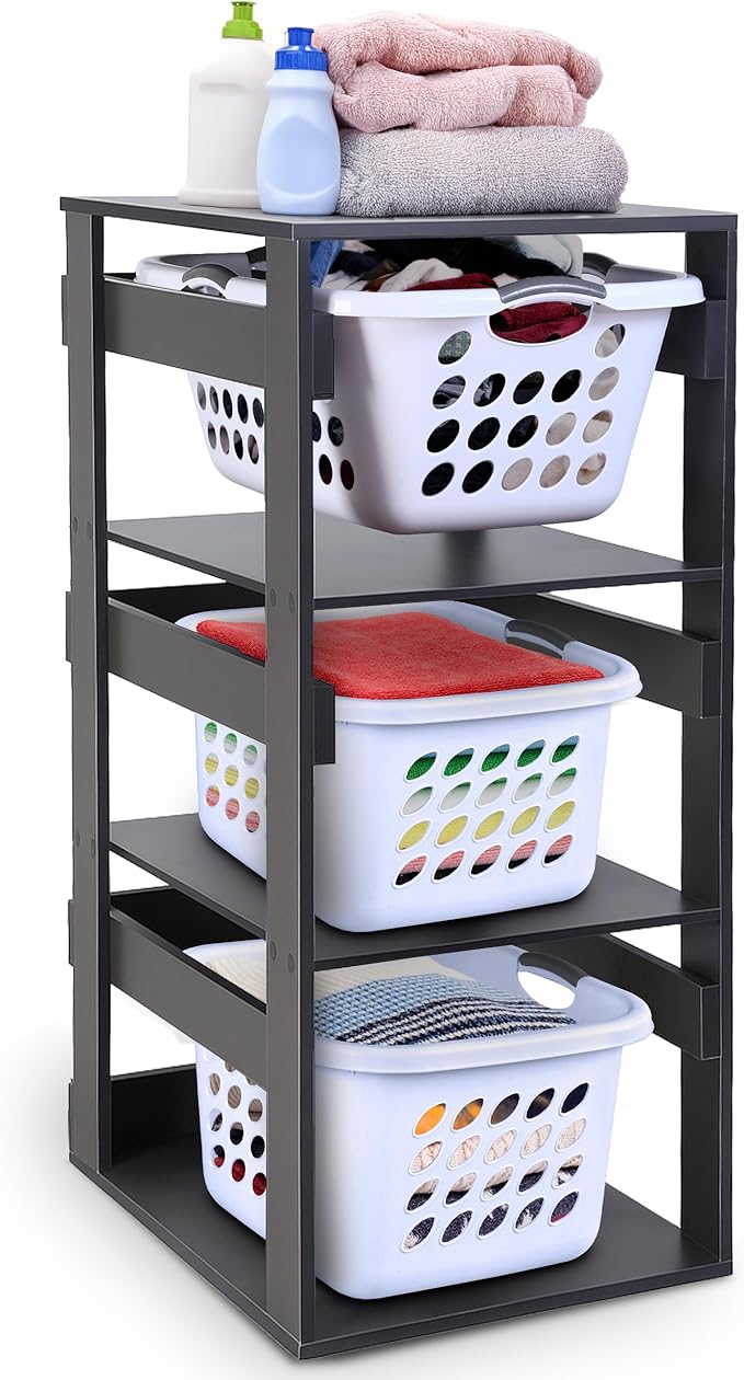 Laundry Basket Holder Shelf (3-Tier) - Stackable Engineered Wood Laundry Tower, Tiered Laundry Hamper Organizer for Bathroom, Bedroom, Laundry Room