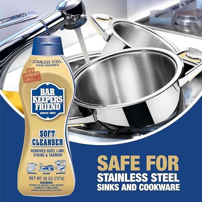 Bar Keepers Friend Soft Cleanser Liquid (2 x 26 oz) Plus Dish Fish Sponge - Multipurpose Cleaner & Rust Stain Remover for Stainless Steel, Porcelain, Ceramic Tile, Copper, Brass & More