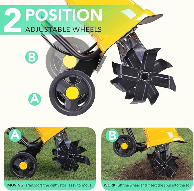 Electric Tiller/Cultivator 4 Steel Tines, Garden Roto Tillers for Gardening, 15Amp 12 Inch Corded Rototiller with Adjustable Wheels