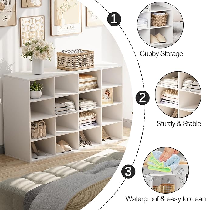 Garden 4 you Shoe Storage Bench, Cubby Shoe Rack with 16 Cubbies, 4-Tier Wood Shoe Rack Organizer, Shoe Organizer Cabinet for Entryway, Hallway, Closet and Garage, White