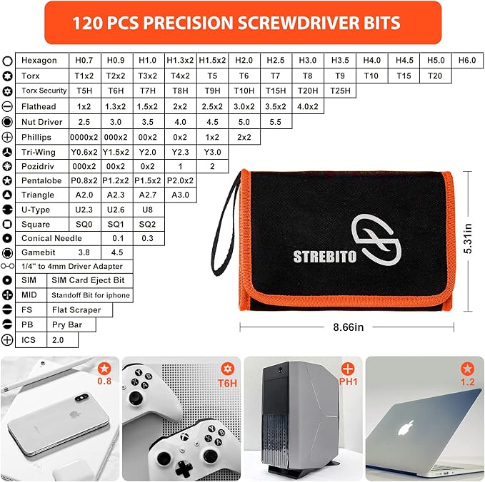 STREBITO Precision Screwdriver Set 142-Piece Electronic Repair Tool Kit with Torx T5 T6 T8 T15, Triwing Y000, Star P5, Gamebit, Tech Toolkit for Computer, Laptop, iPhone, Nintendo, PS5, Ring, Orange