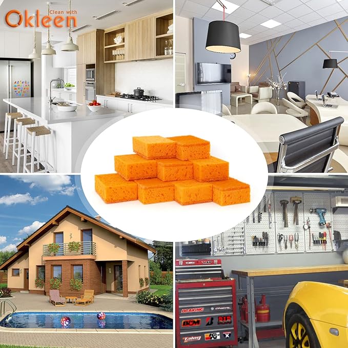Orange Multi Use Scrub Sponge. Made in Europe. 18 Pack, 4.3x2.8x1.4 inches. Odorless Heavy Duty and Non Scratch Fiber. Durable and Delicate Scrubber for Oven and Stove, Bathroom and Basement