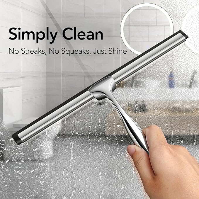 Shower Squeegee for Shower Glass Door with Adhesive Hook, Stainless Steel Squeegee for Shower Glass, Window Squeegee for Cleaning Tile Wall, Mirror, Car(10", Silver)