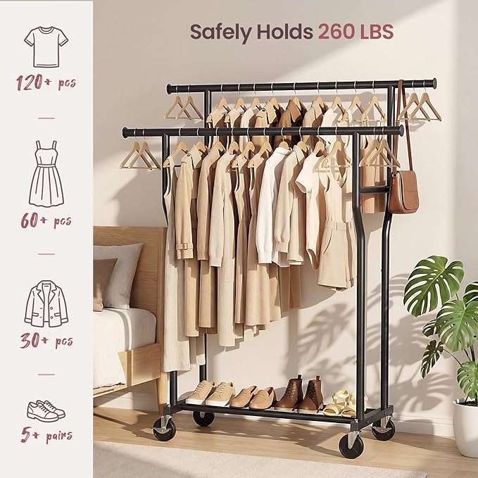 Clothes Rack, Double Rods Rolling Clothing Rack for Hanging Clothes Load 260 LBS Closet Rack with Wheels, Metal Portable Garment Rack for Bedroom Laundry Living Room, Black