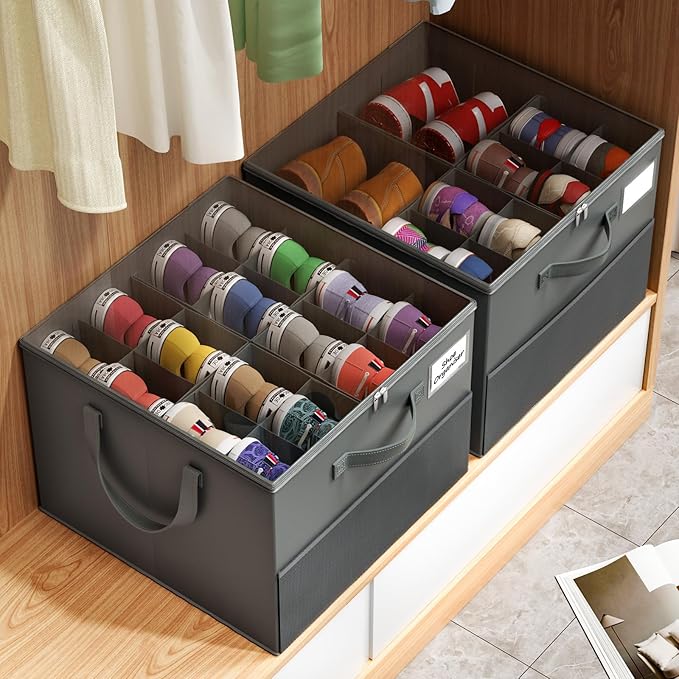 NestOrganix 2 Pack Shoe Organizer for Closet, Large Shoe Box Storage Containers, Foldable Shoe Storage Organizer Box Bin with Adjustable Dividers and Clear Cover, Space Saving Shoes Holder, Gray