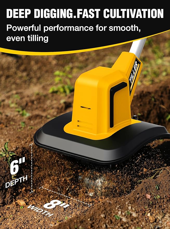 21V Cordless Tiller Cultivator, 400RPM Electric Rototiller with 48 Steel Tines, 4.0Ah Battery Powered Garden Tiller with 8-inch Width and 6-inch Depth, Tiller for Gardening and Soil - Yellow