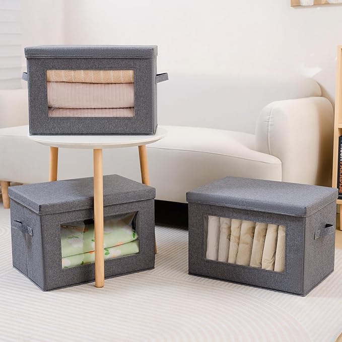 Citylife 3-Pack Collapsible Storage Bins with Lids, Linen Fabric Foldable Storage Boxes, Cube Closet Organization for Clothes, Blankets, Books, Gray