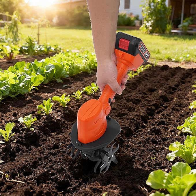 Cordless Mini Tiller Cultivator, 21V Electric Handheld Tiller for Gardening, Lightweight Soil Ripper Garden Tool with 1500mAh Battery & 10cm Tilling Width, Orange ABS Body, Ideal for Home Lawn, Yard