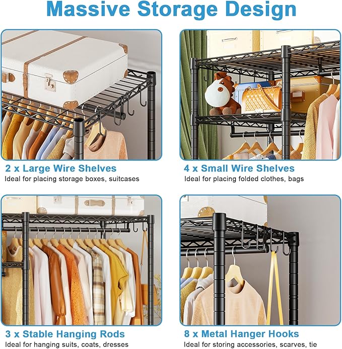 Ulif F7 Medium Garment Rack, Heavy Duty Clothes Rack, Clothing Racks for Hanging Clothes, 6-Tiers Freestanding Portable Closet Storage Rack 45'' W × 14.6'' D × 76.6'' H, Max Load 750 Lbs, Black