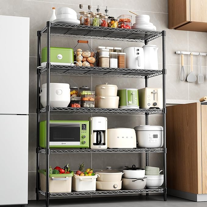 48" W Storage Shelves 1875LBS Metal Shelving, 5-Tier Adjustable Wire Shelving Unit with Liners, Heavy Duty Garage Shelving Steel Rack for Commercial Pantry, 48" W x 18" D x 72" H, Black