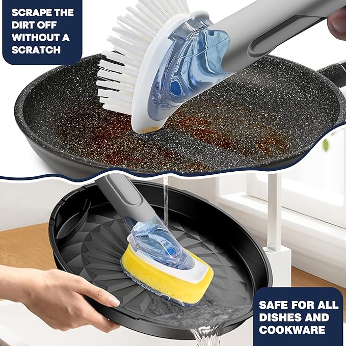 Dish Brush with Soap Dispenser Storage Set with 2 PCS Brush Refills & Holder, Dish Scrubber with Soap Dispenser, Dish Soap Brush, Dish Wand with Soap Dispenser for Dishes, Pans, Sink, Pots(Gray)