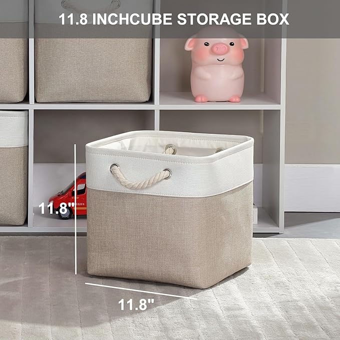 Mangata Canvas Storage Boxes, 11.8 Inch Cube Storage Bins Set of 6 for 12 Inch Cabinets, Fabric Baskets with Cotton Rope Handle for Organizing Clothes Nursery Home (Khaki/White)