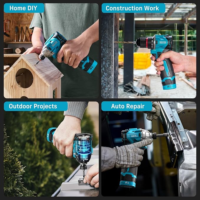 SEESII Cordless Drill Impact Driver 16.8V Brushless Power Tool Combo Kits 2x 2.0Ah Batteries w/Charger, 16-Pc Bits, Tool Bag, 3/8'' Drill & 1/4'' Impact Driver for Home DIY, Woodworking (Blue)