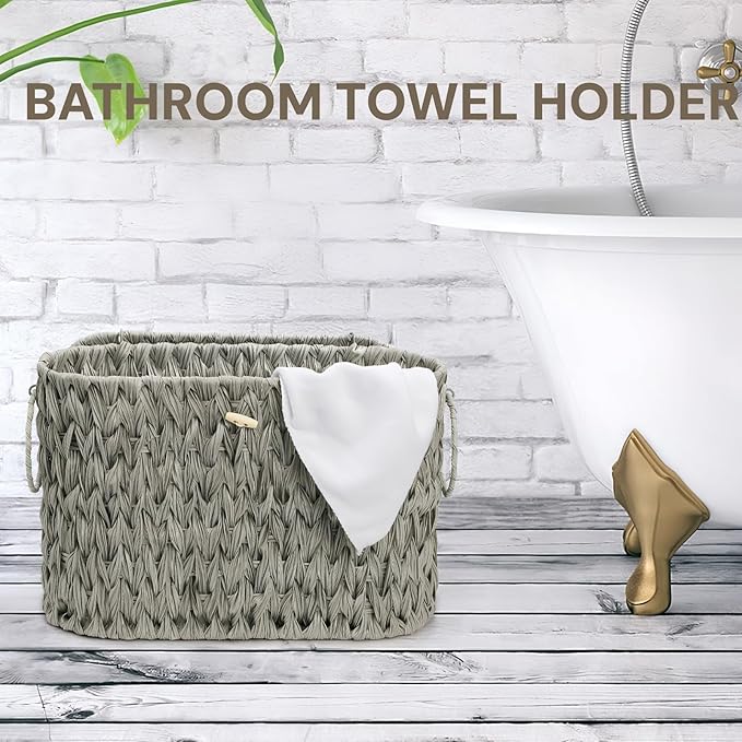 Pumtus Toilet Paper Storage Basket, Handwoven Toilet Paper Holder with Lid & Handle, Large Decorative Container for up to 6 Rolls, Plastic Trash Bin Magazine Organizer for Bathroom, Office