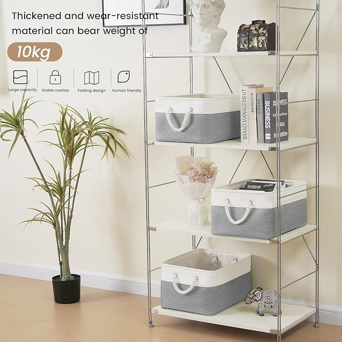 Large Storage Baskets- 15.7x11.8x8.26 inch Storage Bins for Shelves and Closet Organizing, Foldable Fabric Bin for Home Organization Clothes and Laundry (6-Pack, White&Gray)