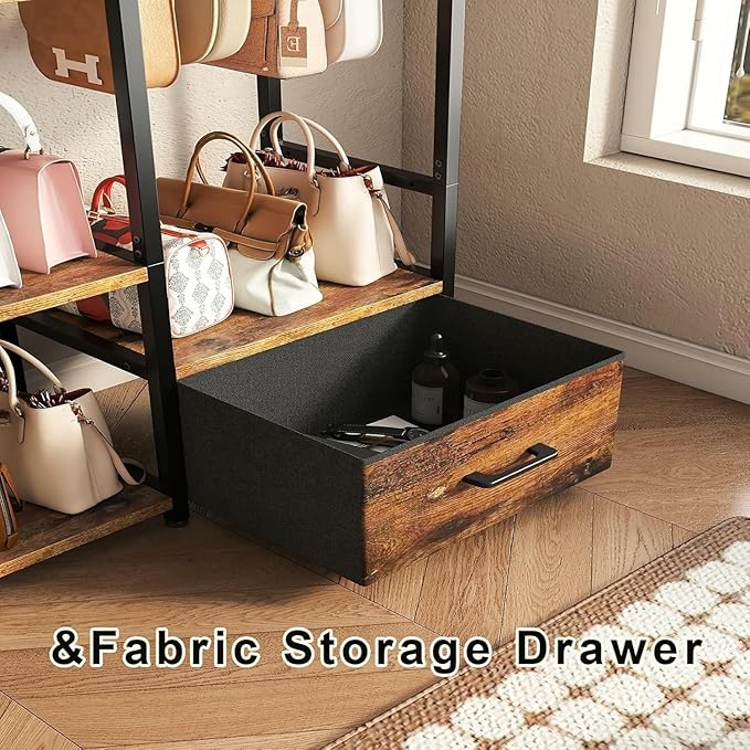 Industrial 4-Tier Storage Shelf with Drawer & Hanging Hooks - Metal & Wood Entryway Organizer Rack for Bedroom, Living Room - Freestanding Clothing Coat Rack with Multi-Level Shelves (Brown)