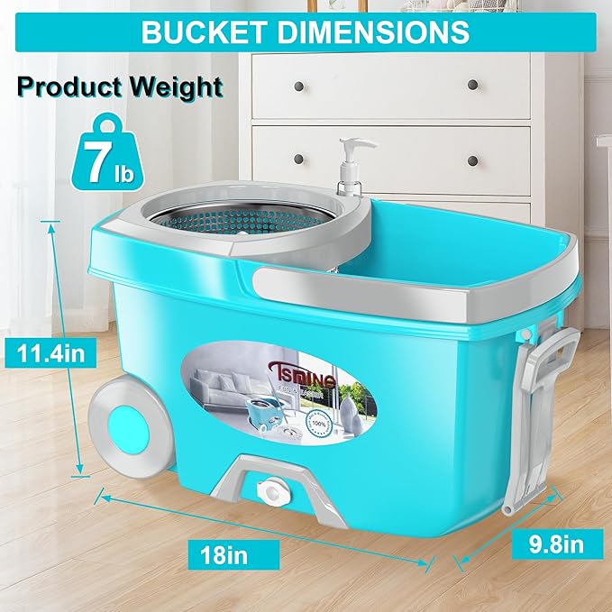 FunClean Spin Mop and Bucket,Mop and Bucket with Wringer Set for Home,360 Spinning Mopping Floor Cleaning Tool with 6 Microfiber Replacement Head Refills,61" Extended Handle, 2X Wheel - Blue
