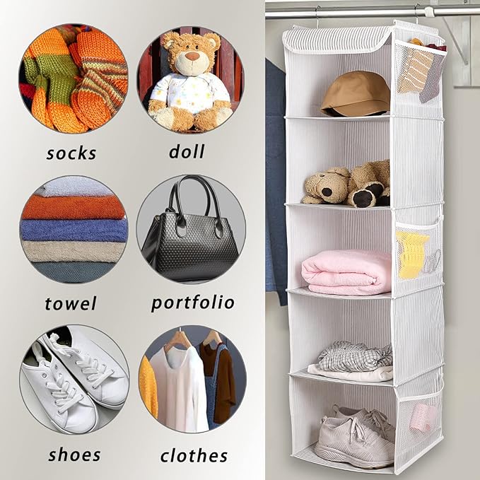 BrilliantJo 5 Shelves Hanging Closet Organizer, 2 Pack Hanging Storage with 6 Side Pockets for Clothes Shoes, 43"x12"x12"(Strip)
