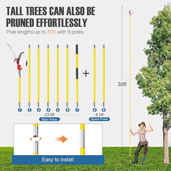 Manual Pole Saw, 7-30FT Pole Saws for Tree Trimming, SK5 and 65 Mn Steel Saw Blades Scissor Pruner Set, Tree Trimmers Long Handle Pruner for Backyard, Garden, Bush Cutting and Pruning of Palm Trees