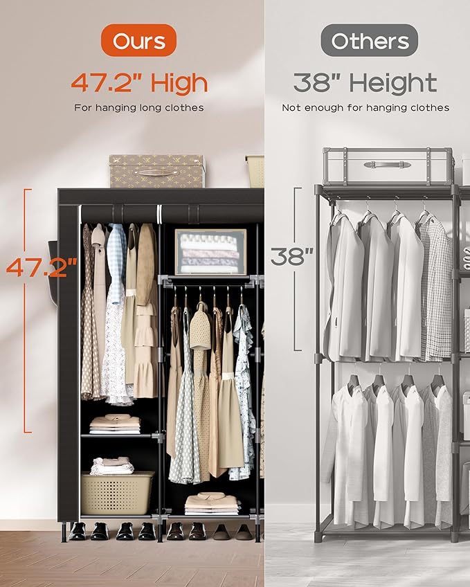 CASAMAYA Portable Closet, 66.9 Inch Large Capacity Wardrobe Closet with Cover, Clothes Storage Organizer with Shelves and 4 Hanging Rods, Easy to Assembly, Black PCT204B01