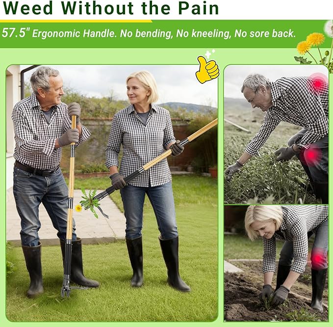 Weed Puller Tool, Heavy Duty Gardening Hand Tools with 4-Claw Steel Head & Dual-Eject Mechanism, 57.5" Bamboo Long Handle Stand Up Weeding Tool for Lawn Yard, Includes 16 Gallon Leaf Bag