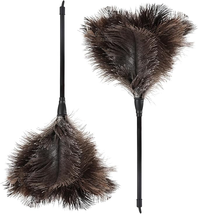 Natural Ostrich Feather Duster 14.9 inch Fluffy Mini Dusters with Plastic Handheld for Cleaning Car Keyboard Office 2 PCS
