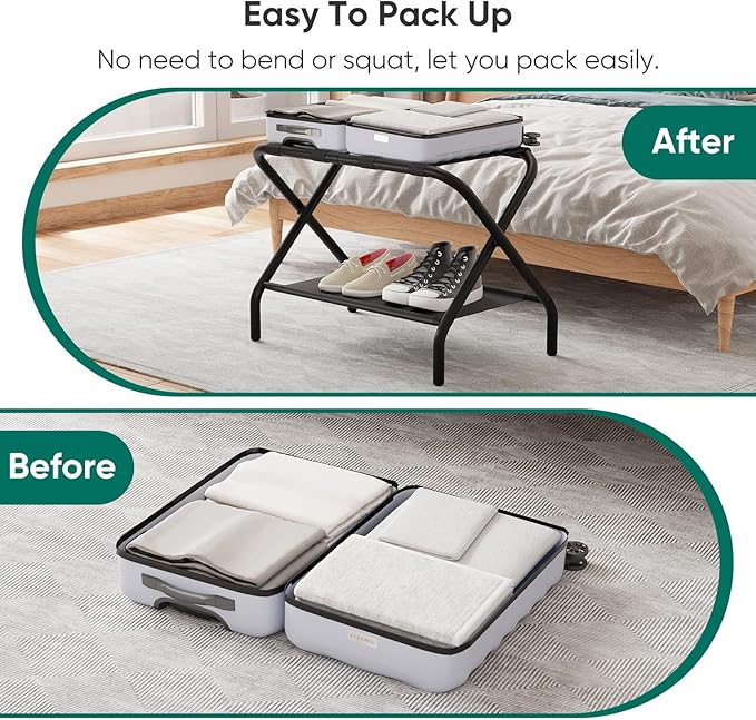 Smuxee Black Luggage Rack, Foldable Suitcase Stand with Fabric Storage Shelf, Luggage Holder with 4 Nylon Straps for Guest Room Bedroom Hotel