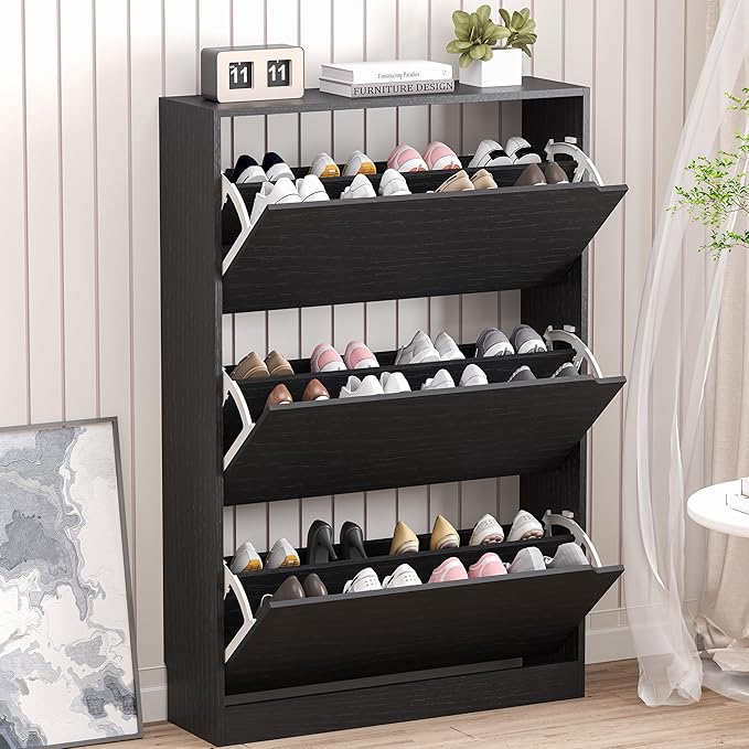 BORNOON Shoe Storage Cabinet with 3 Flip Drawers,Narrow Shoe Rack Cabinet,Freestanding Organizer Storage for Entryway, Hallway, Black
