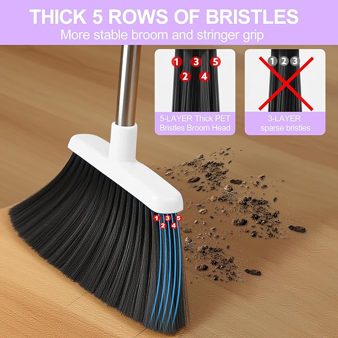 Broom with Dustpan Combo Set for Home 54-in Long Adjustable Handle Angle Broom and Dustpan Set with Dustpan Comb Teeth for Sweeping Pet Hair Food Dirt Kitchen