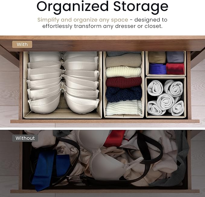 Reli. Drawer Organizer Clothes (14 Pack) | Dresser Drawer Organizers & Nursery Organization | Foldable Fabric Dresser Storage Dividers for Bras, Nursery, Changing Table, Baby Clothes, Clothing (Beige)