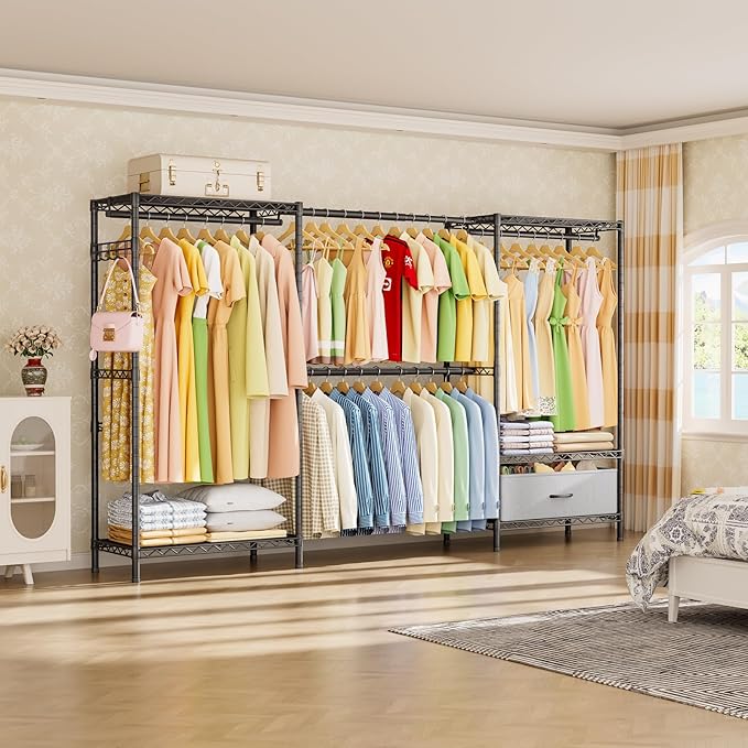 Golpart Coat Rack Clothes Wardrobe：Closet Organizer and Storage Clothing Garment Rack with Shelves Heavy Duty for Hanging Clothes Portable Adjustable Black 15.8" DX69 WX76.5 H