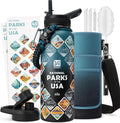DYSANKY National Parks Water Bottle – 40 oz Insulated Stainless Steel Bottle with 63 Hand-Drawn Park Stickers, Carrier Bag, Strap & Gift Box – BPA-Free – Ideal for Hiking, Camping & Travel