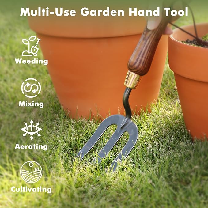 RESTMO Heavy Duty Gardening Hand Fork, Thickened Hand Weeding Fork for Planting or Removing Plants, Turning Soil, Weeding, and Cultivating