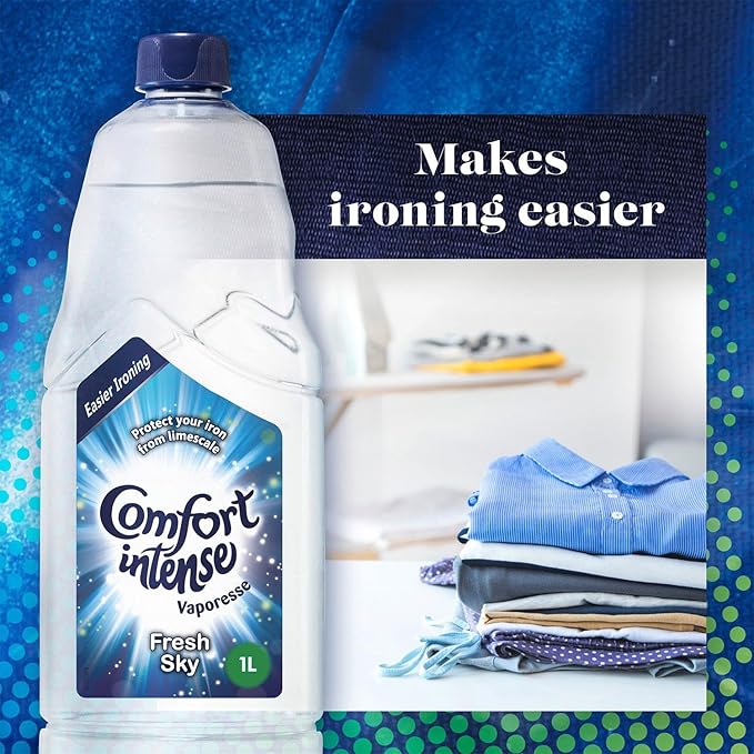Comfort Ironing Water Fresh Sky Intense Vaporesse Deionised Water Gives Your Laundry a Clean, Fresh and Uplifting Fragrance Prevents Limscale for Easy Ironing 1 Litre (Buy 4)