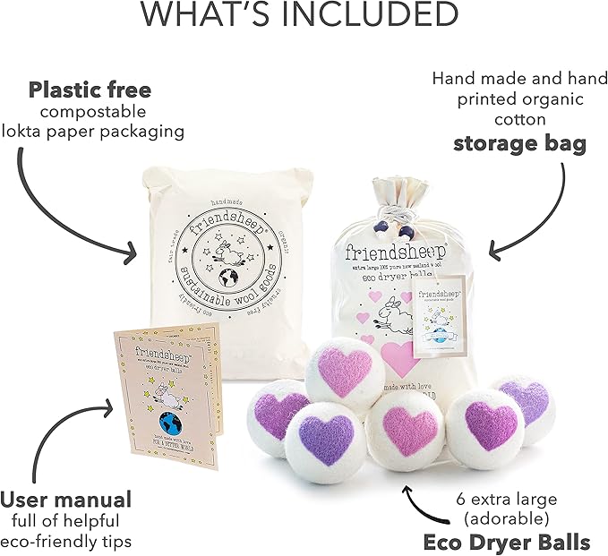Friendsheep Wool Dryer Balls, Organic Reusable Fabric Softener Alternative for Laundry, Handmade, Fair Trade, Hypoallergenic, Eco-Friendly, Plastic-Free (6 Pack XL – Lovely Day)