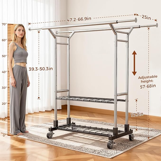 Luxspire Heavy Duty Clothes Rack Load 650 LBS, Double Rod Clothing Racks for Hanging Clothes, Rolling Garment Racks with Lockable Wheels, Shelves, Adjustable Laundry Hanging Rack, Silver