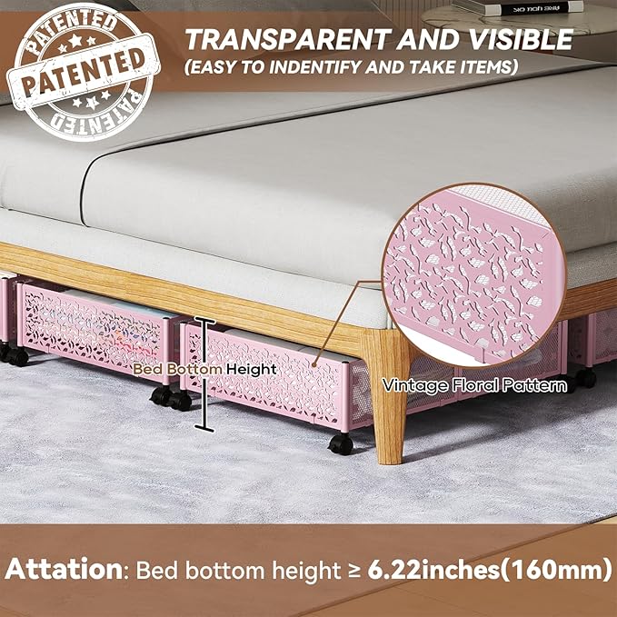 PHINOX Under the Bed Storage Containers with Wheels, Under Bed Storage, Under Bed Shoe Storage Organizer Drawer, Tool-free Assembly Metal Underbed Storage Containers -Pink