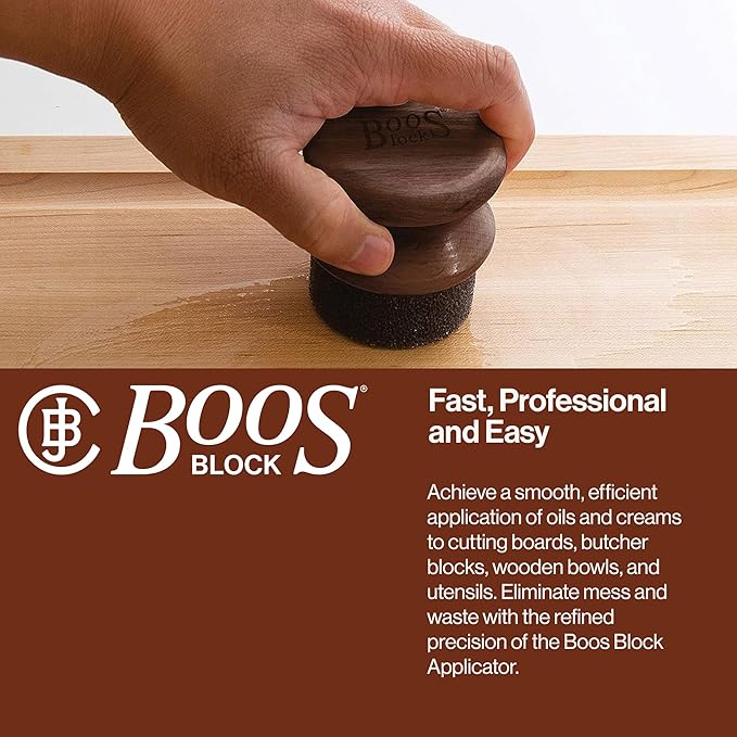John Boos Oil & Cream Round Applicator for Wood Cutting Boards, Butcher Blocks & Utensils, Walnut - Solid Hardwood Handle, Silver Ion-Treated Sponge, Storage Cap, Easy and Even Application