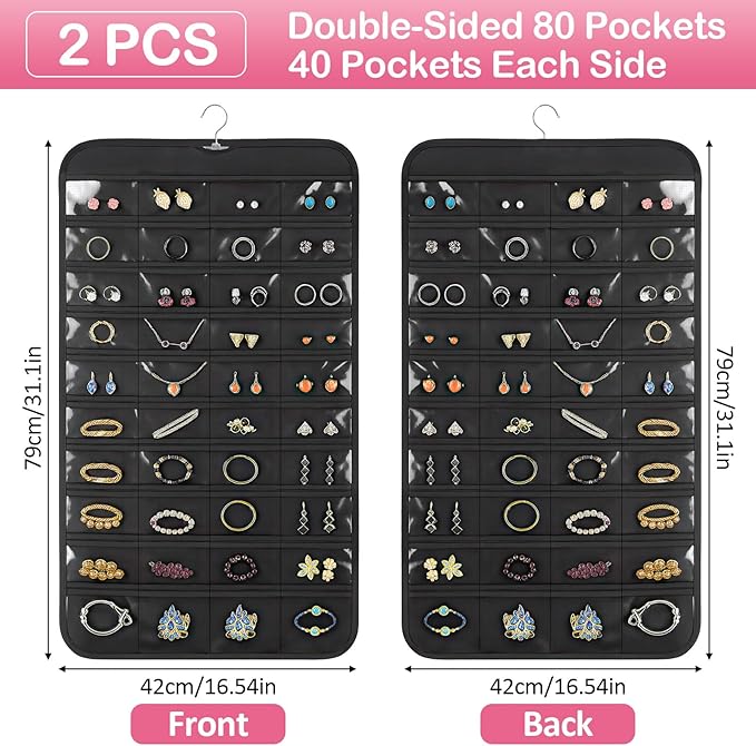 2 Pack Hanging Jewelry Organizer, 80 Clear Pockets earring organizer and storage, Accessories holder organizer for Closet, Jewelries, Necklace, Travel