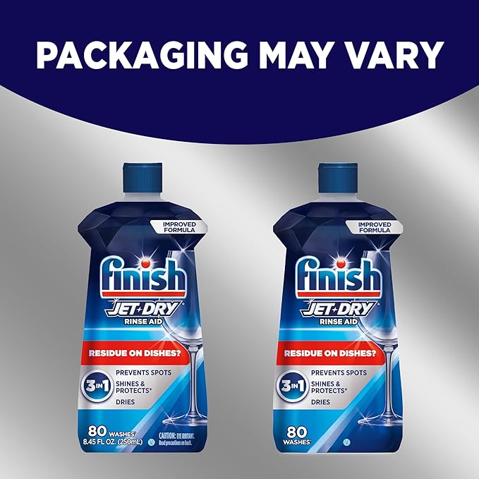Finish Jet-Dry Dishwasher Rinse Aid, Compatible with Dishwasher Detergent, Prevents Spots & Residues, Dries, Shine & Protects, 8.45 oz, 80 Washes.
