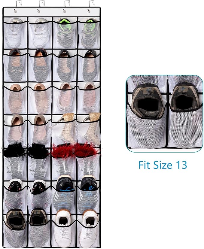 REGELETO 28 Large Pocket Over the Door Shoe Organzier, Hanging Shoe Rack for Door Large Capacity Shoe Organizer Holder with 4 Metal Hooks.
