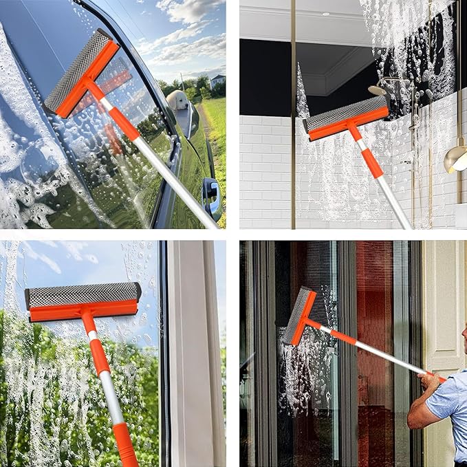 Window Squeegee for Window Cleaning with Retractable Pole, Squeegee Window Cleaner Tool 2 in 1 Car Window Cleaning Tool Telescopic Window Washing Equipment, Shower Squeegee for Glass Door