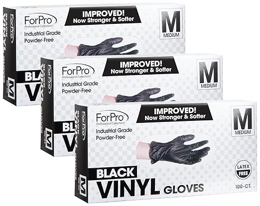 ForPro Disposable Vinyl Gloves, Black, Industrial Grade, Powder-Free, Latex-Free, Non-Sterile, Food Safe, 2.75 Mil. Palm, 3.9 Mil. Fingers, Medium, (Pack of 300)