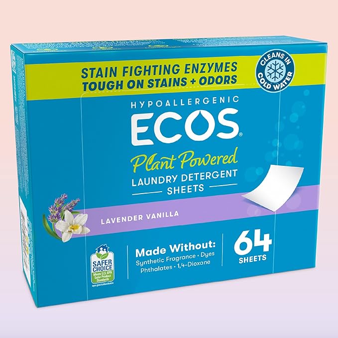 ECOS Laundry Detergent Sheets Vegan, No Plastic Jug, No Mess, Liquid Free - Hypoallergenic, Plant Powered Laundry Detergent Sheet - Lavender Vanilla - 64 Count (Pack of 1)