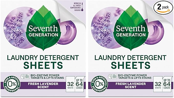 Seventh Generation Laundry Detergent Sheets, Up to 64 Loads, Fresh Lavender Scent, Removes Tough Stains, 0% Dyes and Artificial Fragrances, Safer for your family, (Pack of 2)