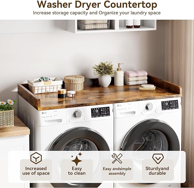 Washer Dryer Countertop, 54.3" x 27.6" Wooden Laundry Countertop with Edge Rails, Washer and Dryer Topper for Laundry Room Organization and Storage