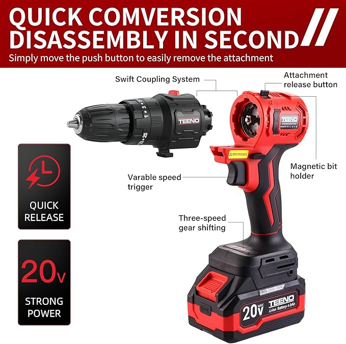 TEENO 20V MAX Power Tool Combo Kit, 10 Tool Cordless Power Tool Set with 2 Batteries, Charger, and Tool Box Included, Brushless Combo Kit for DIY, Home Improvement, and Yard Work